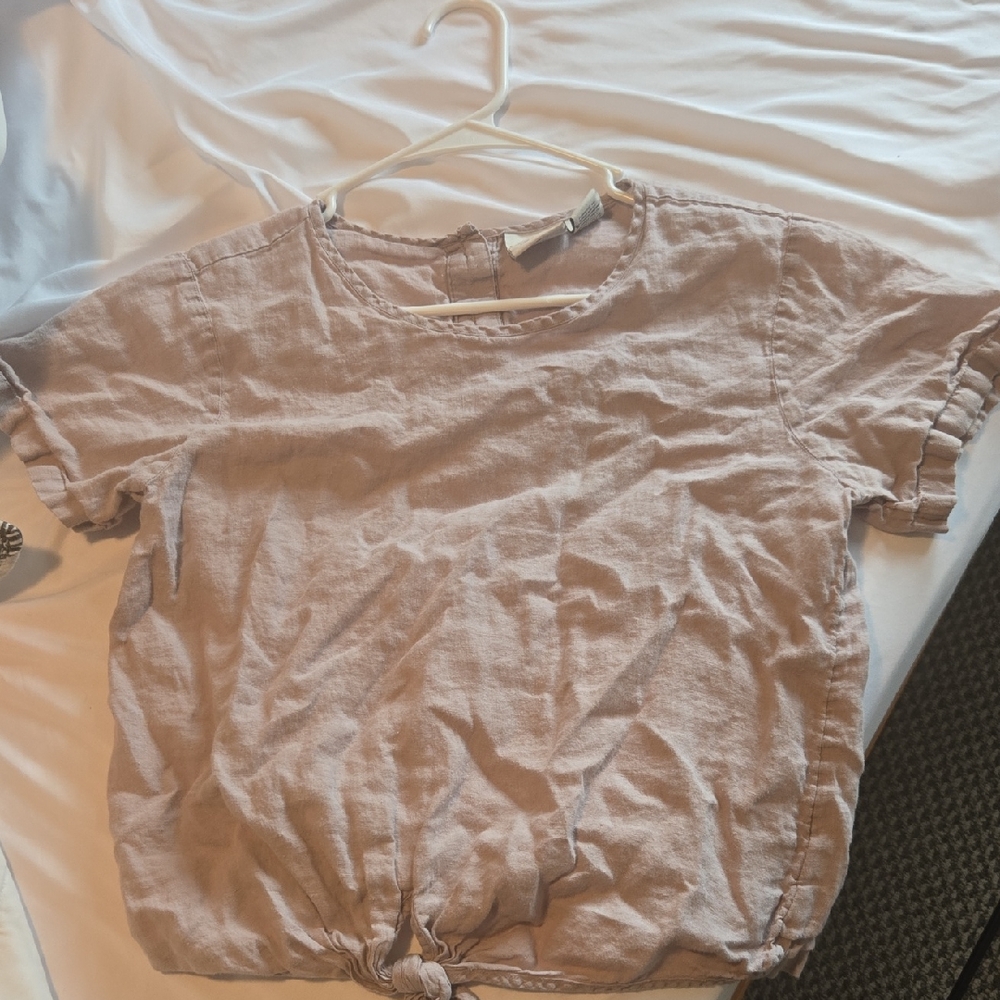 Beige Short Sleeve Top with Tie Hem